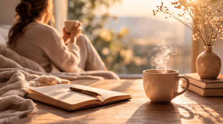 Mujer en calma junto a una ventana con una taza y un cuaderno representando la adaptación emocional y la desorientación interior tras cambios importantes