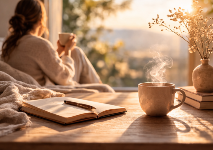 Mujer en calma junto a una ventana con una taza y un cuaderno representando la adaptación emocional y la desorientación interior tras cambios importantes