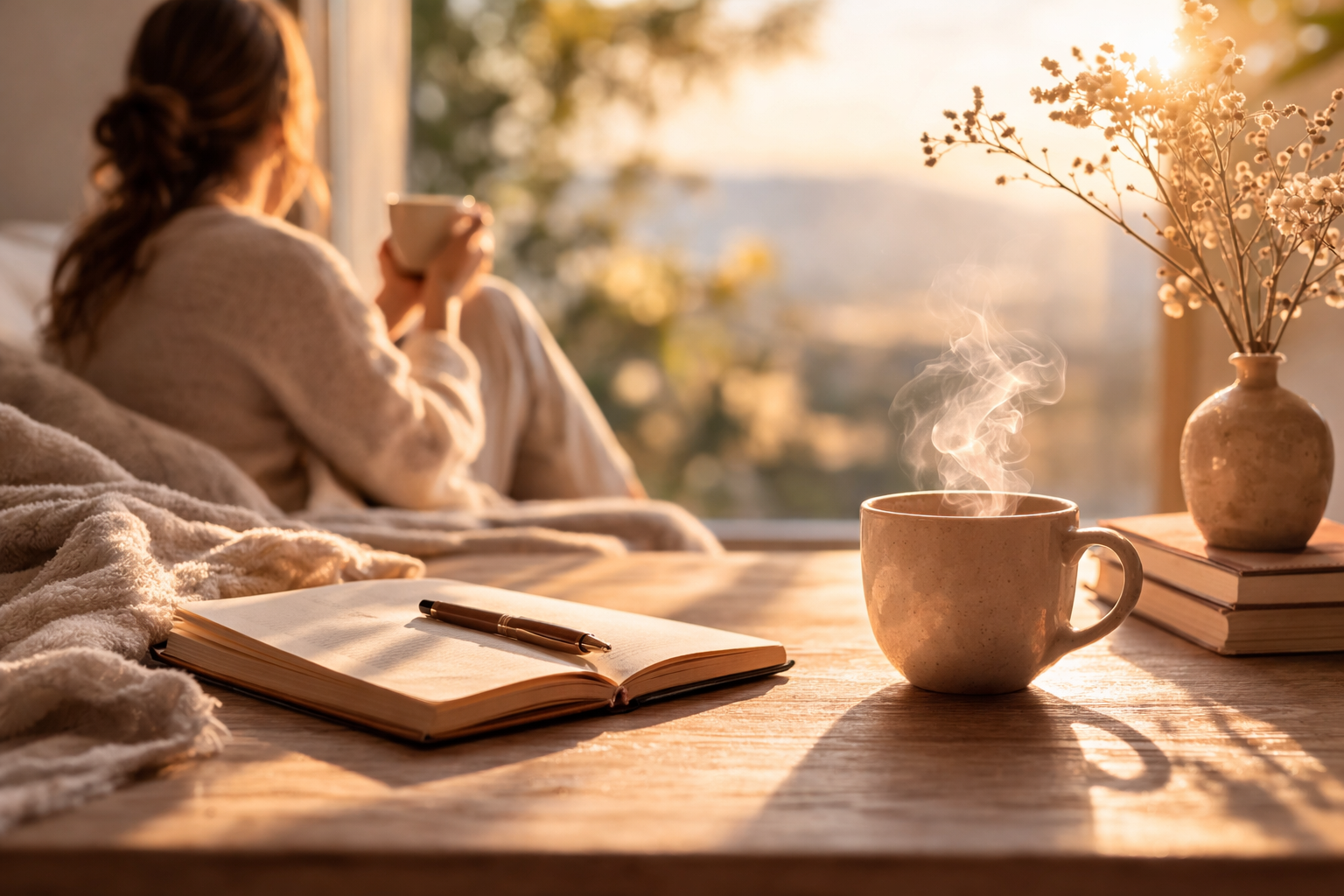 Mujer en calma junto a una ventana con una taza y un cuaderno representando la adaptación emocional y la desorientación interior tras cambios importantes