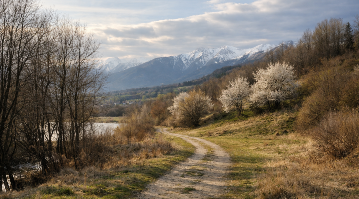 Transición del invierno a la primavera con camino rural y árboles en flor simbolizando el inicio del mes de marzo.