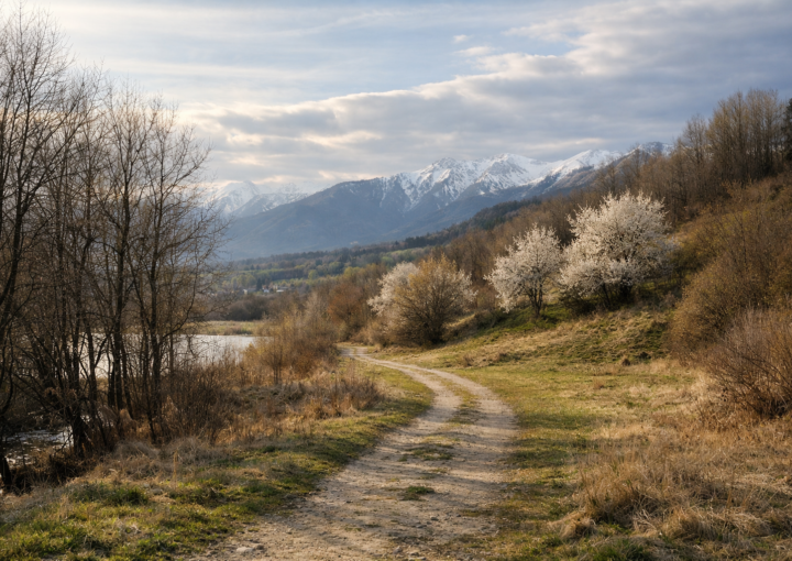 Transición del invierno a la primavera con camino rural y árboles en flor simbolizando el inicio del mes de marzo.