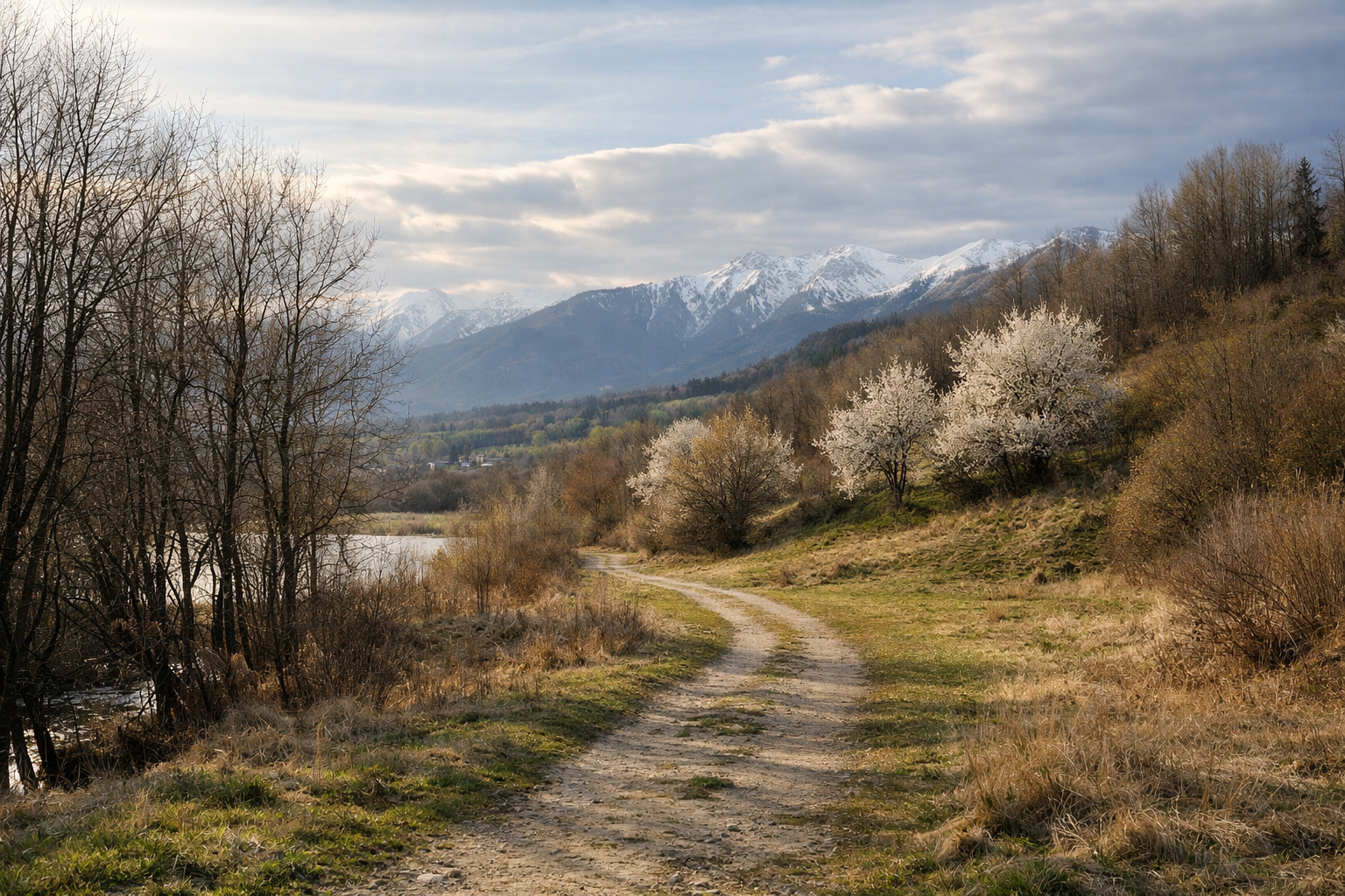 Transición del invierno a la primavera con camino rural y árboles en flor simbolizando el inicio del mes de marzo.