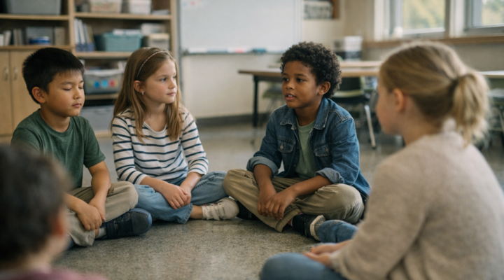 Niños sentados en círculo en un aula hablando sobre emociones y respiración consciente.