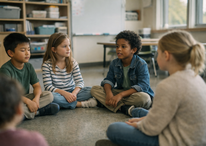 Niños sentados en círculo en un aula hablando sobre emociones y respiración consciente.