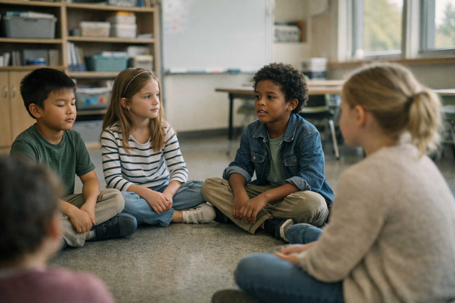 Niños sentados en círculo en un aula hablando sobre emociones y respiración consciente.