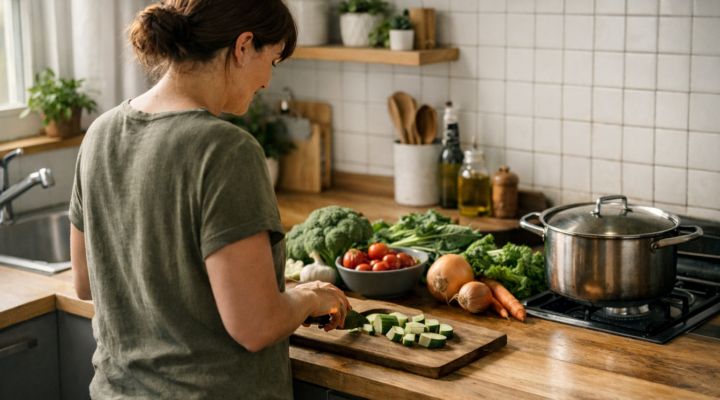 Mujer preparando verduras en una cocina moderna con encimera de madera y plantas, luz natural suave