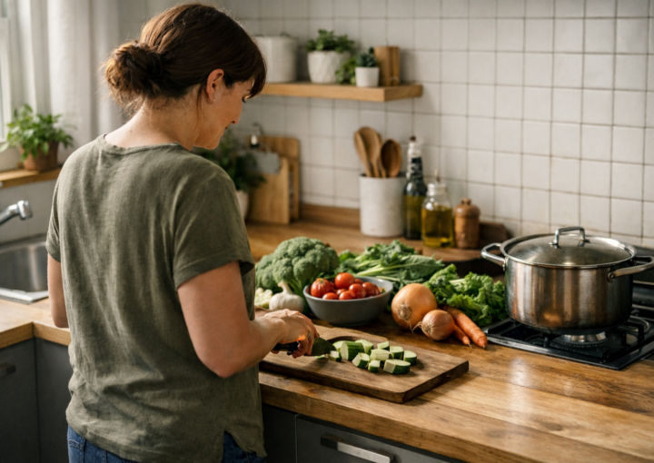 Mujer preparando verduras en una cocina moderna con encimera de madera y plantas, luz natural suave