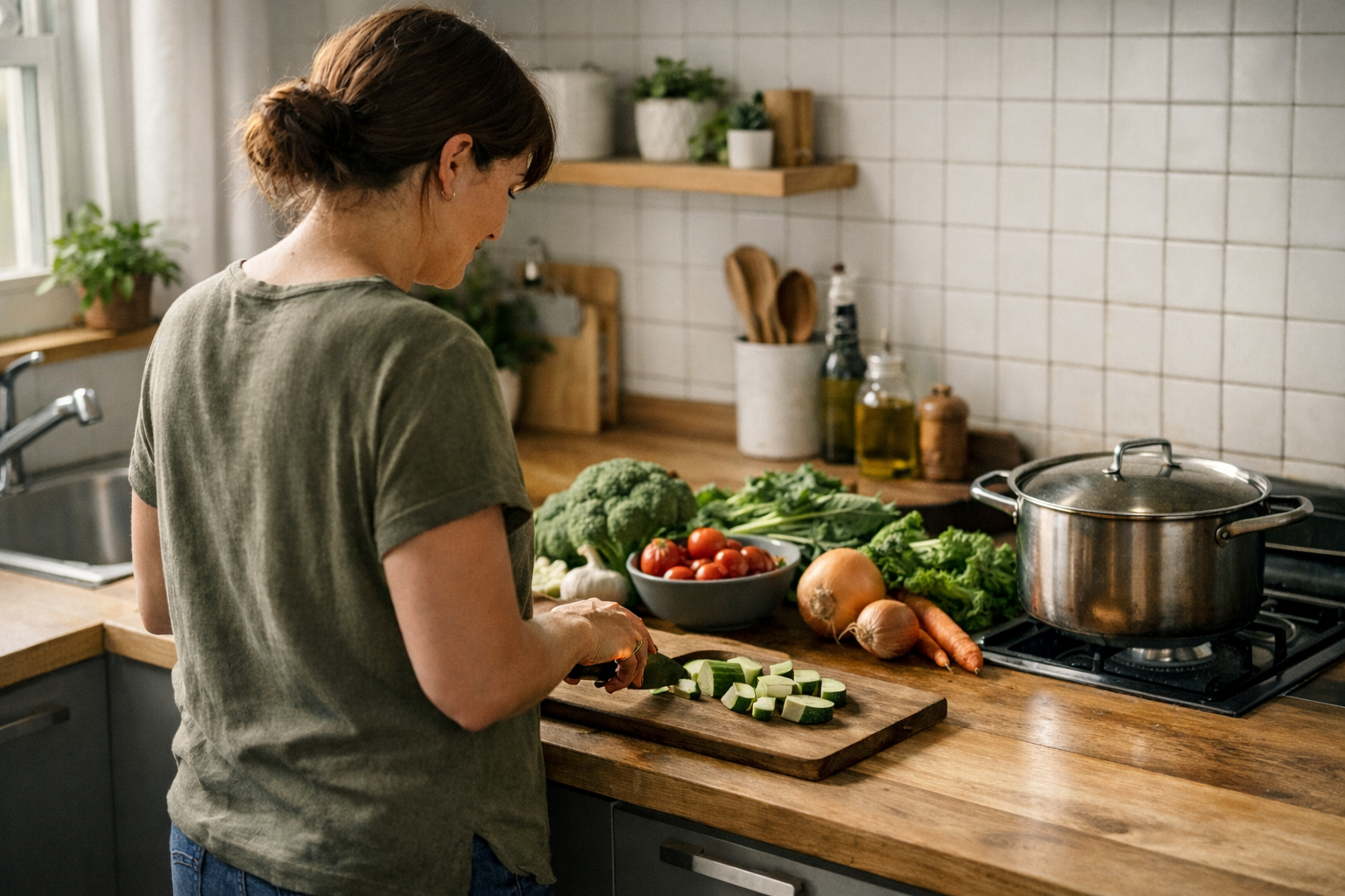 Mujer preparando verduras en una cocina moderna con encimera de madera y plantas, luz natural suave