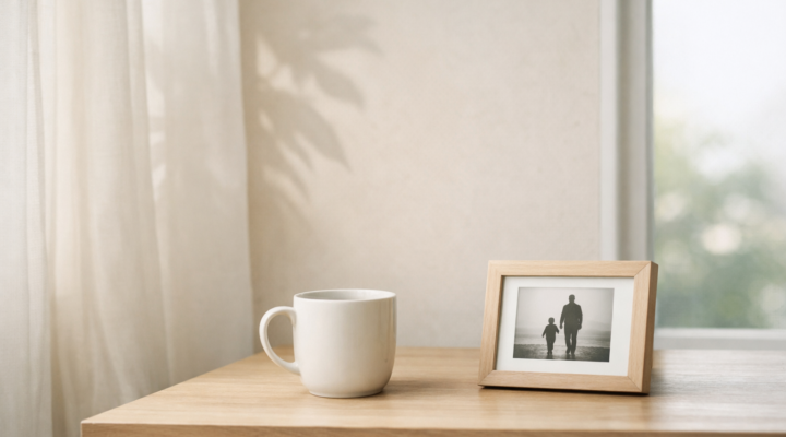 Mesa de madera con una taza blanca y una foto de padre e hijo junto a una ventana con luz natural