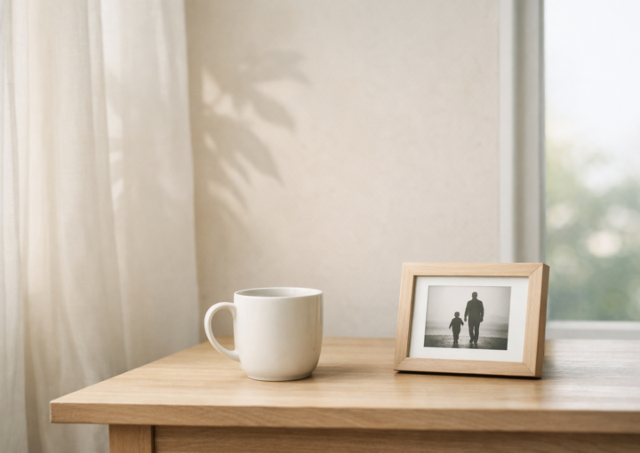 Mesa de madera con una taza blanca y una foto de padre e hijo junto a una ventana con luz natural