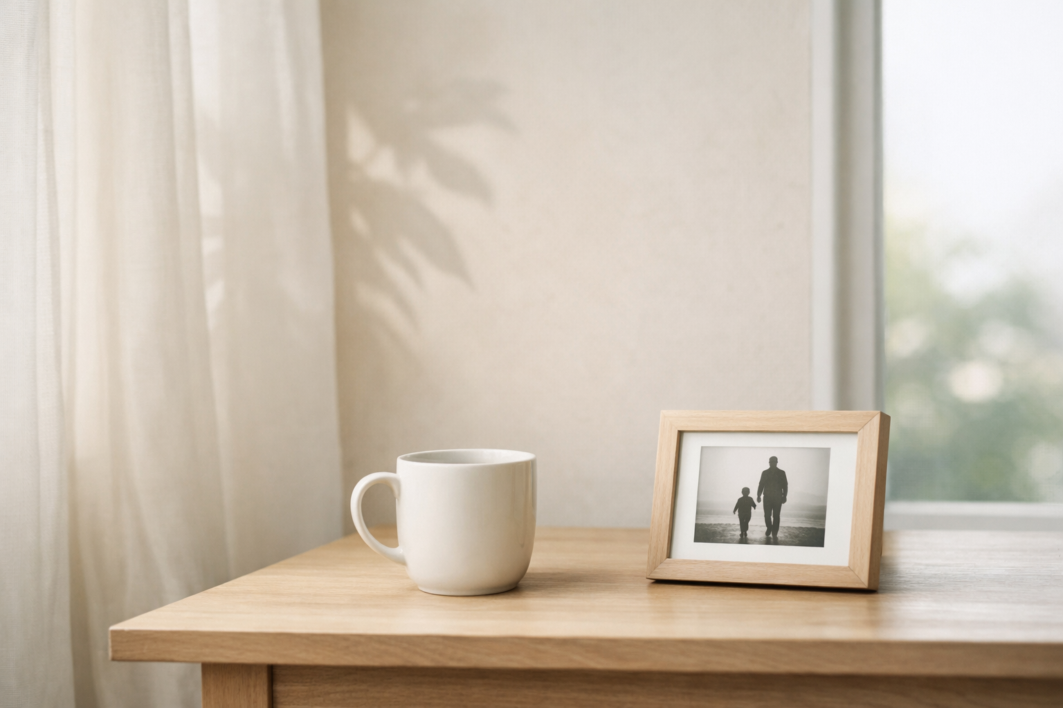 Mesa de madera con una taza blanca y una foto de padre e hijo junto a una ventana con luz natural