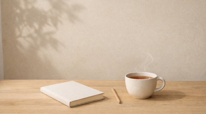 Cuaderno cerrado, lápiz y taza de té sobre mesa de madera clara con luz natural y sombra de planta en pared beige.