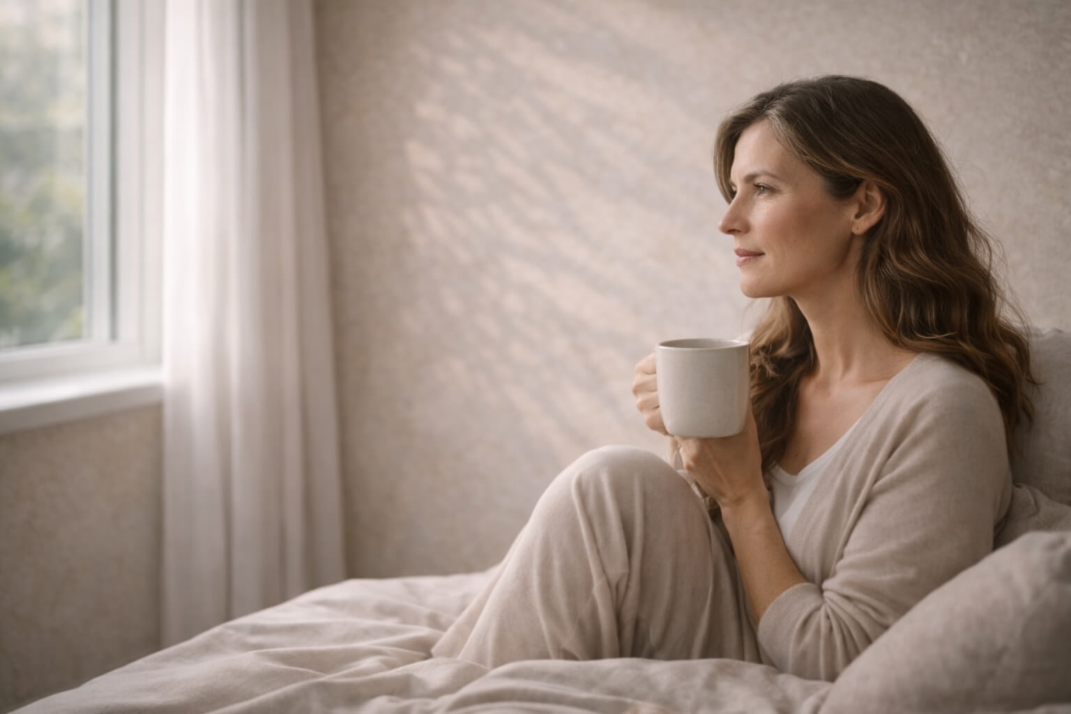 Mujer adulta reflexionando junto a una ventana durante un proceso de cambio personal y claridad emocional