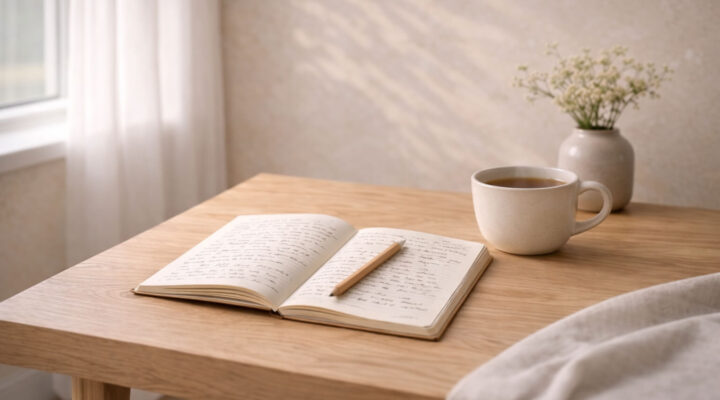 Cuaderno de reflexión personal sobre mesa de madera con luz natural simbolizando el inicio de un proceso de cambio personal