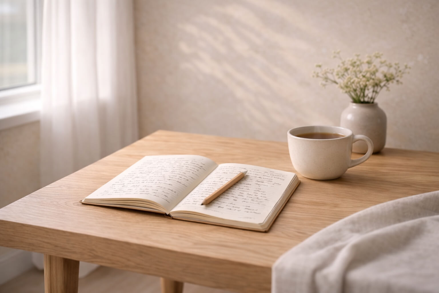 Cuaderno de reflexión personal sobre mesa de madera con luz natural simbolizando el inicio de un proceso de cambio personal