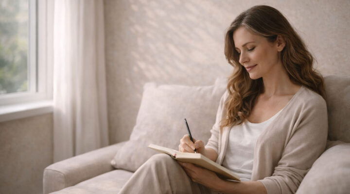 Mujer adulta escribiendo en un cuaderno durante un proceso de reconstrucción personal y crecimiento emocional