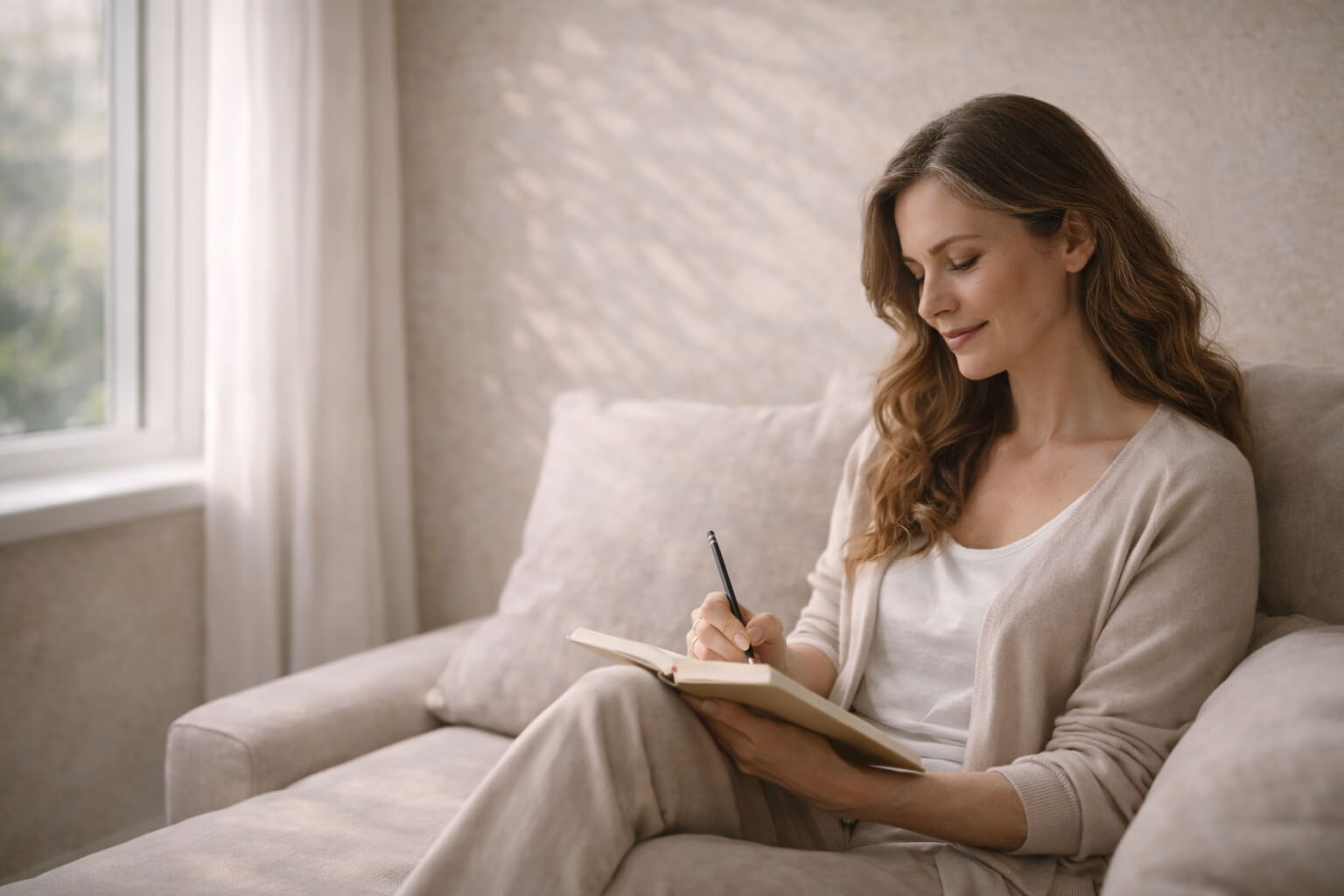 Mujer adulta escribiendo en un cuaderno durante un proceso de reconstrucción personal y crecimiento emocional
