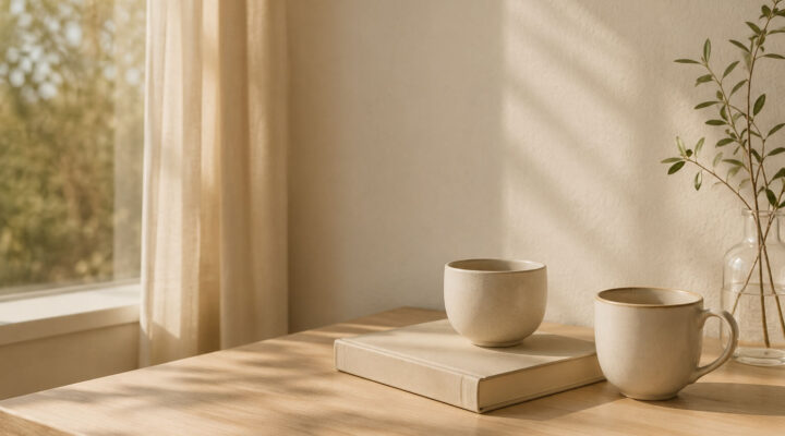 Mesa de madera junto a una ventana con dos tazas cercanas y un libro en un ambiente minimalista con luz natural