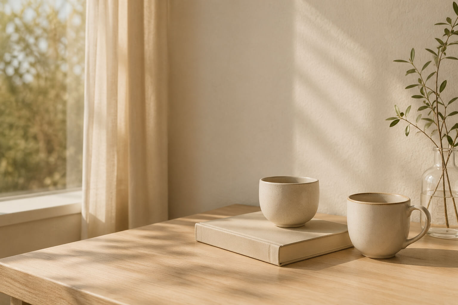 Mesa de madera junto a una ventana con dos tazas cercanas y un libro en un ambiente minimalista con luz natural