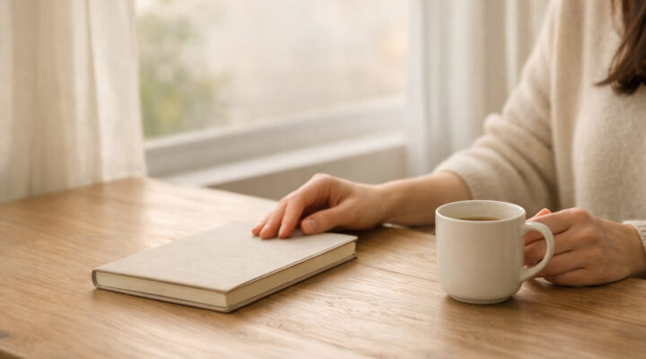 Manos de mujer junto a una taza y un cuaderno cerrado sobre mesa de madera con luz natural suave