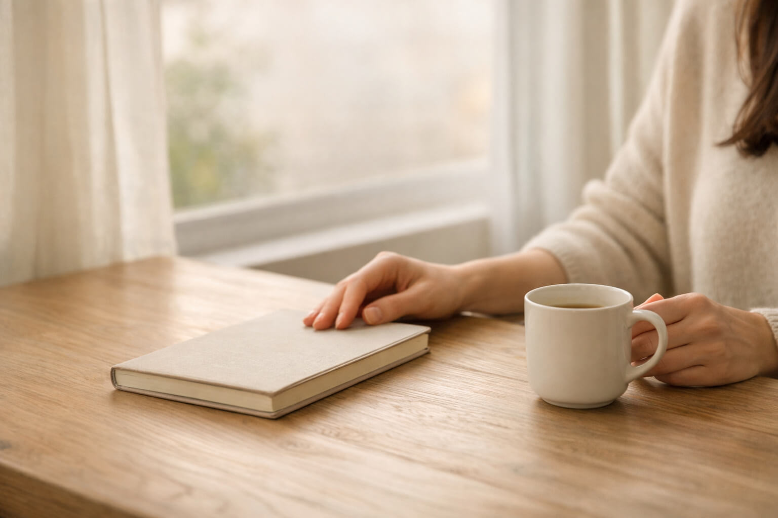 Manos de mujer junto a una taza y un cuaderno cerrado sobre mesa de madera con luz natural suave