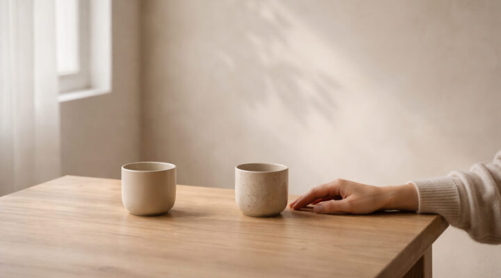 Dos tazas separadas sobre una mesa de madera clara junto a una ventana, con luz natural suave y una mano femenina cercana en un ambiente sereno y minimalista.