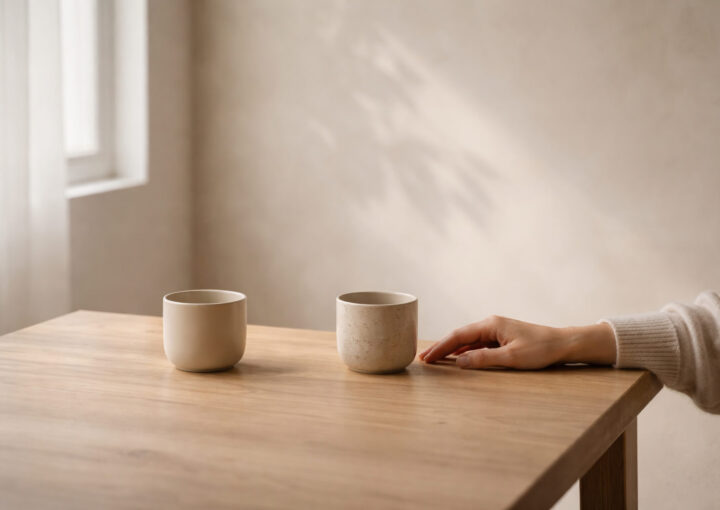Dos tazas separadas sobre una mesa de madera clara junto a una ventana, con luz natural suave y una mano femenina cercana en un ambiente sereno y minimalista.