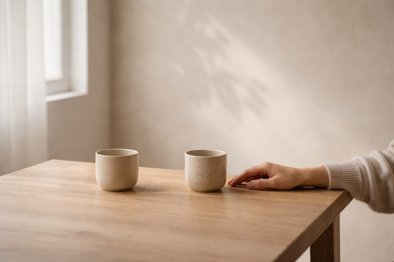 Dos tazas separadas sobre una mesa de madera clara junto a una ventana, con luz natural suave y una mano femenina cercana en un ambiente sereno y minimalista.