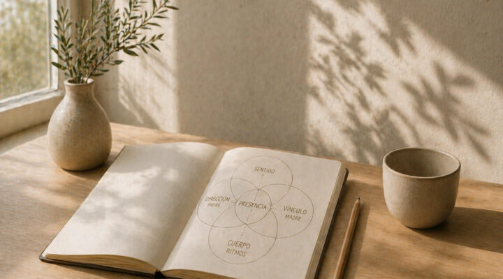 Cuaderno abierto con esquema conceptual en mesa de madera junto a ventana con luz natural suave en un espacio minimalista