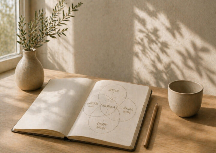 Cuaderno abierto con esquema conceptual en mesa de madera junto a ventana con luz natural suave en un espacio minimalista