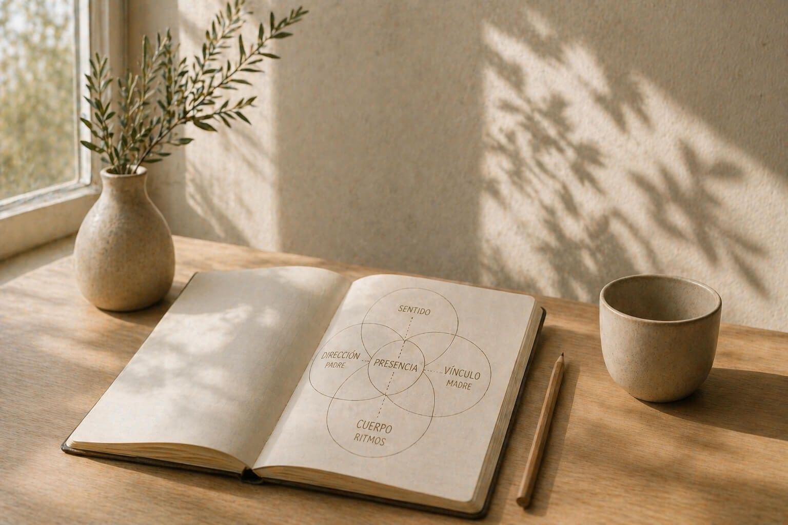 Cuaderno abierto con esquema conceptual en mesa de madera junto a ventana con luz natural suave en un espacio minimalista
