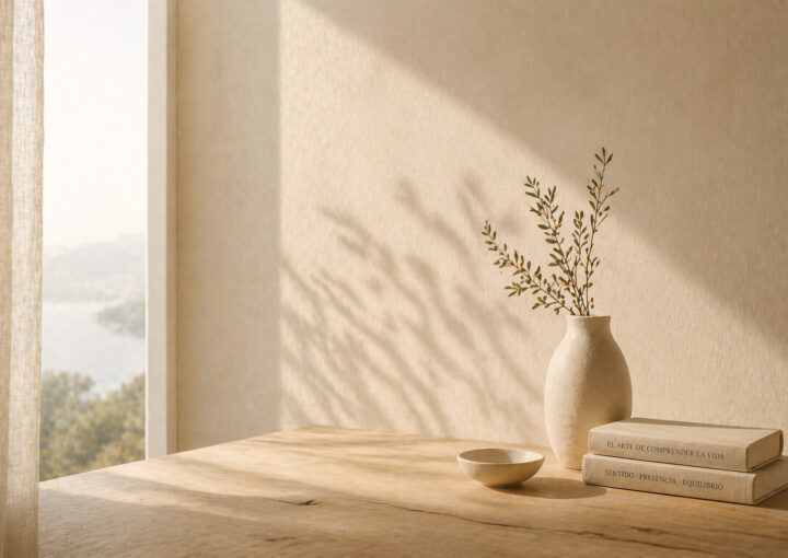 Mesa de madera con cuaderno abierto, taza y libros junto a una ventana con luz natural suave