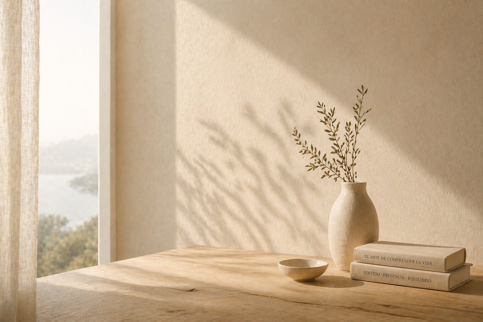 Mesa de madera con cuaderno abierto, taza y libros junto a una ventana con luz natural suave