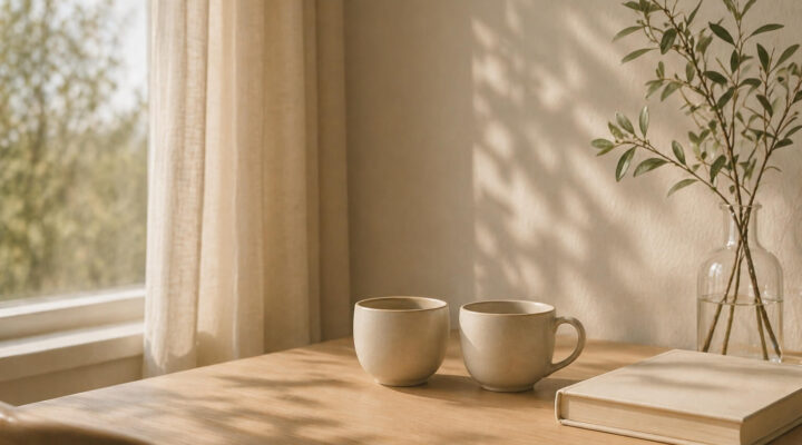 Mesa de madera junto a una ventana con dos tazas cercanas y un libro en un ambiente minimalista con luz natural