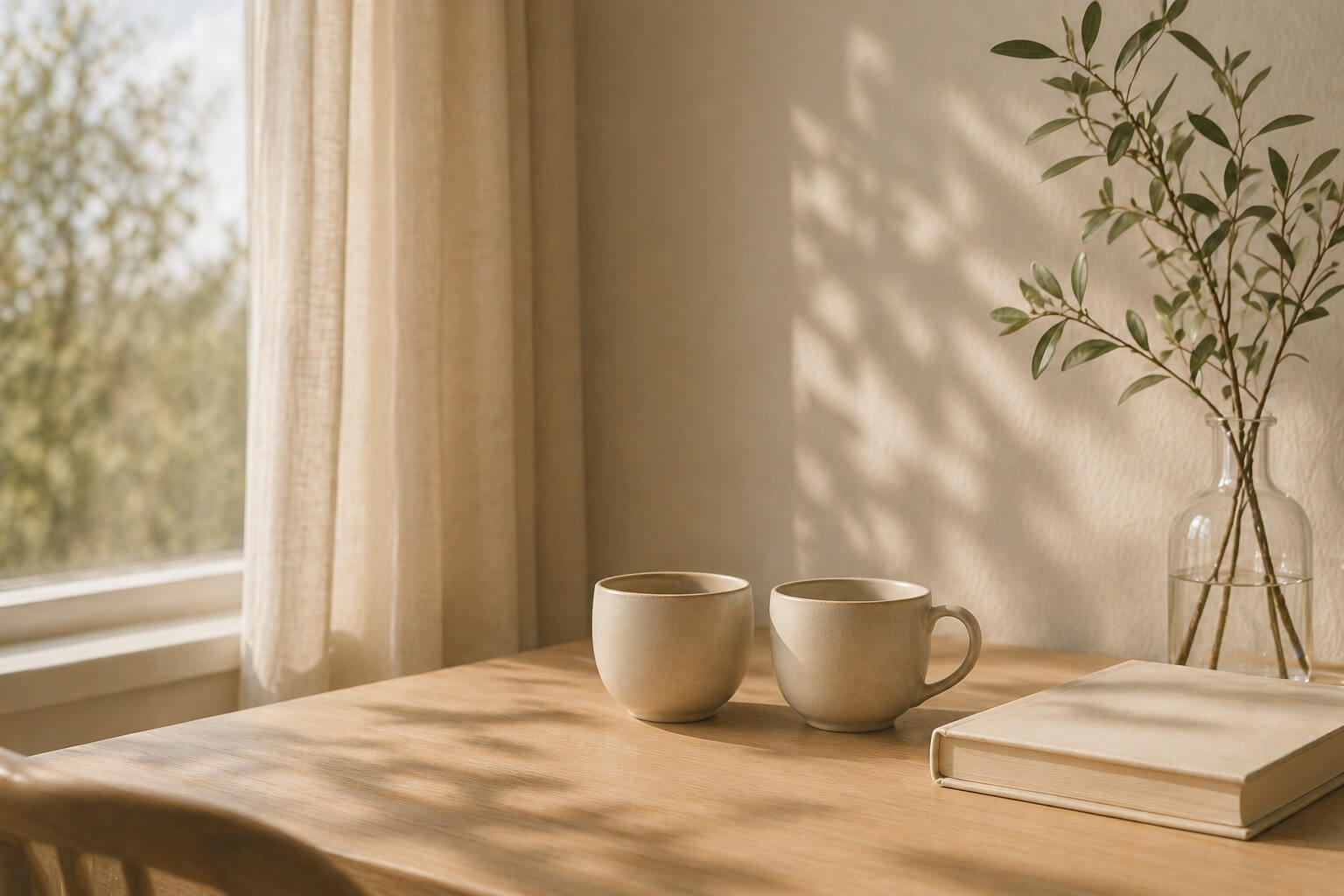 Mesa de madera junto a una ventana con dos tazas cercanas y un libro en un ambiente minimalista con luz natural