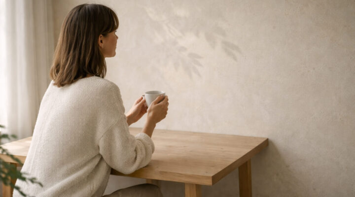 Mujer sentada de perfil en una mesa de madera, sosteniendo una taza blanca con luz natural suave y sombras de plantas sobre pared beige