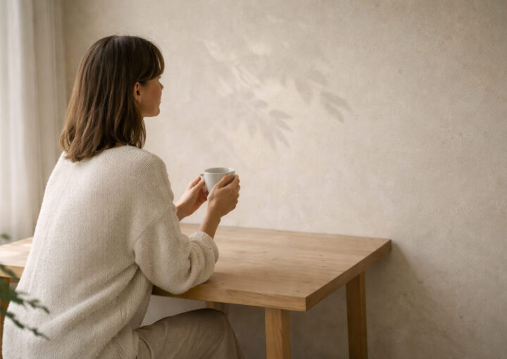 Mujer sentada de perfil en una mesa de madera, sosteniendo una taza blanca con luz natural suave y sombras de plantas sobre pared beige