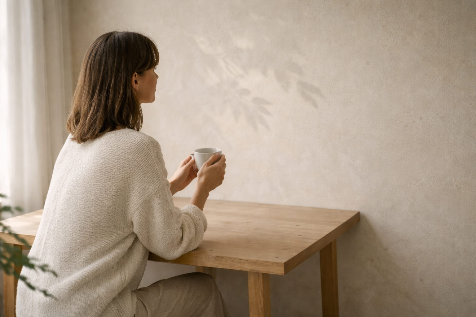 Mujer sentada de perfil en una mesa de madera, sosteniendo una taza blanca con luz natural suave y sombras de plantas sobre pared beige