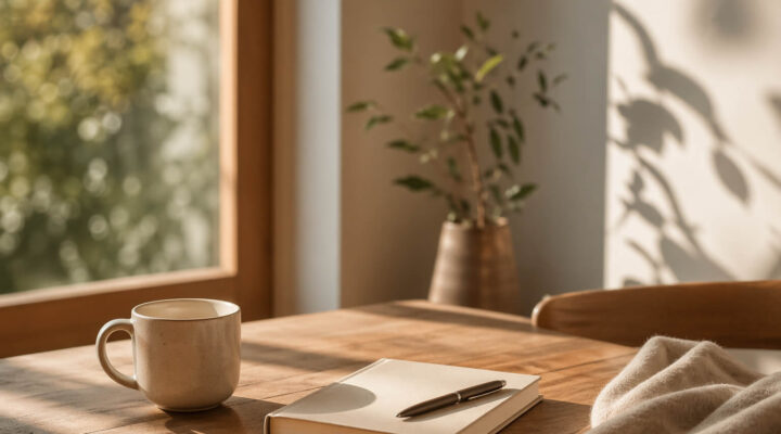 Mesa de madera con taza y cuaderno junto a una ventana con luz natural suave