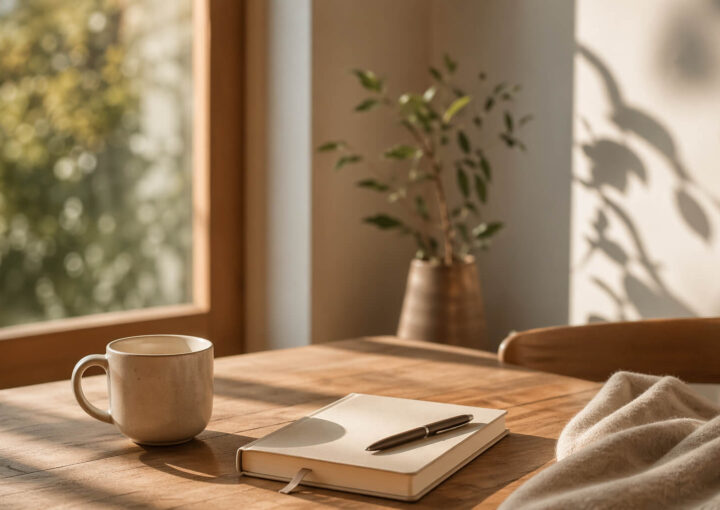 Mesa de madera con taza y cuaderno junto a una ventana con luz natural suave
