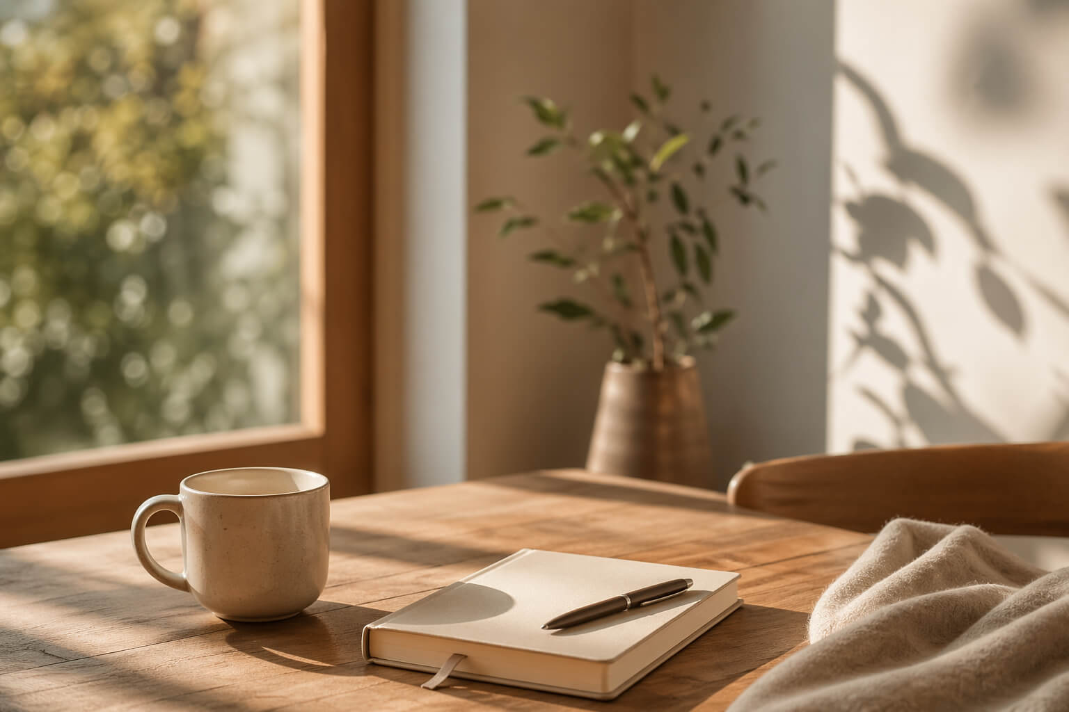 Mesa de madera con taza y cuaderno junto a una ventana con luz natural suave