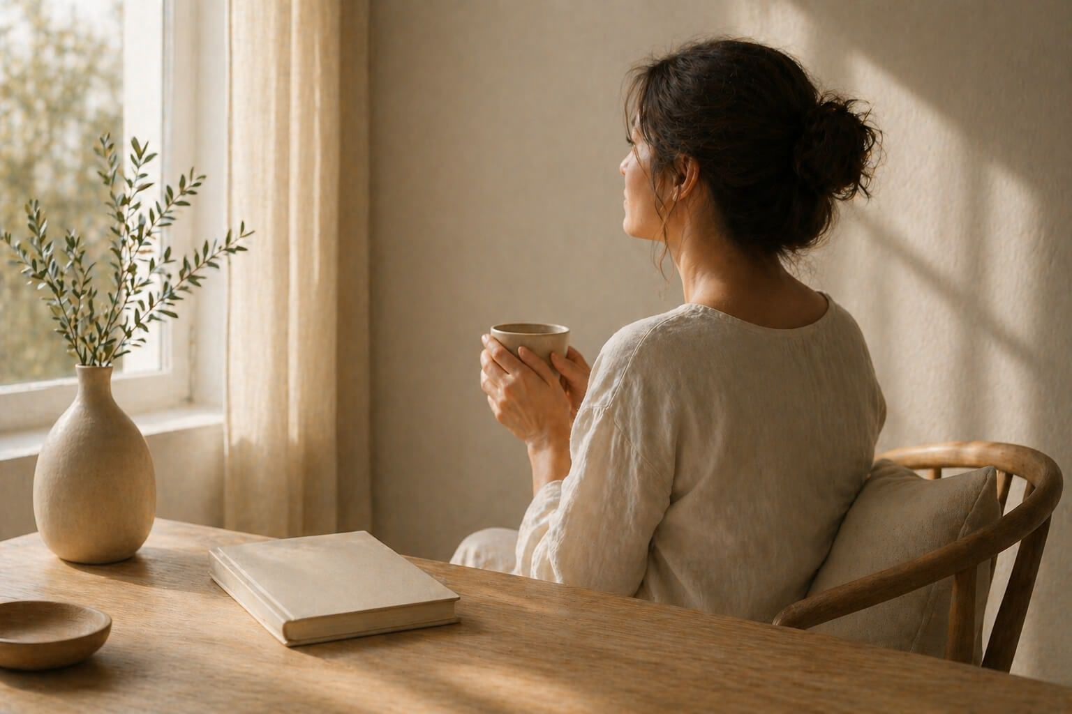 Figura materna serena junto a una ventana con luz natural suave en un espacio minimalista