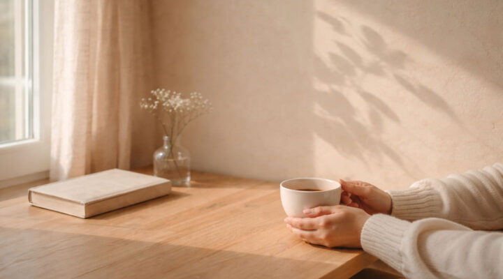Manos sosteniendo una taza blanca sobre una mesa de madera con luz natural suave, junto a un libro cerrado en un ambiente tranquilo y minimalista