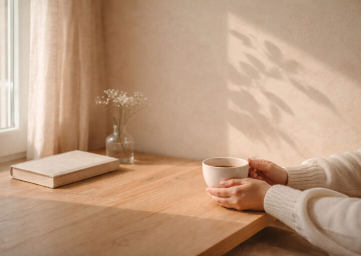 Manos sosteniendo una taza blanca sobre una mesa de madera con luz natural suave, junto a un libro cerrado en un ambiente tranquilo y minimalista
