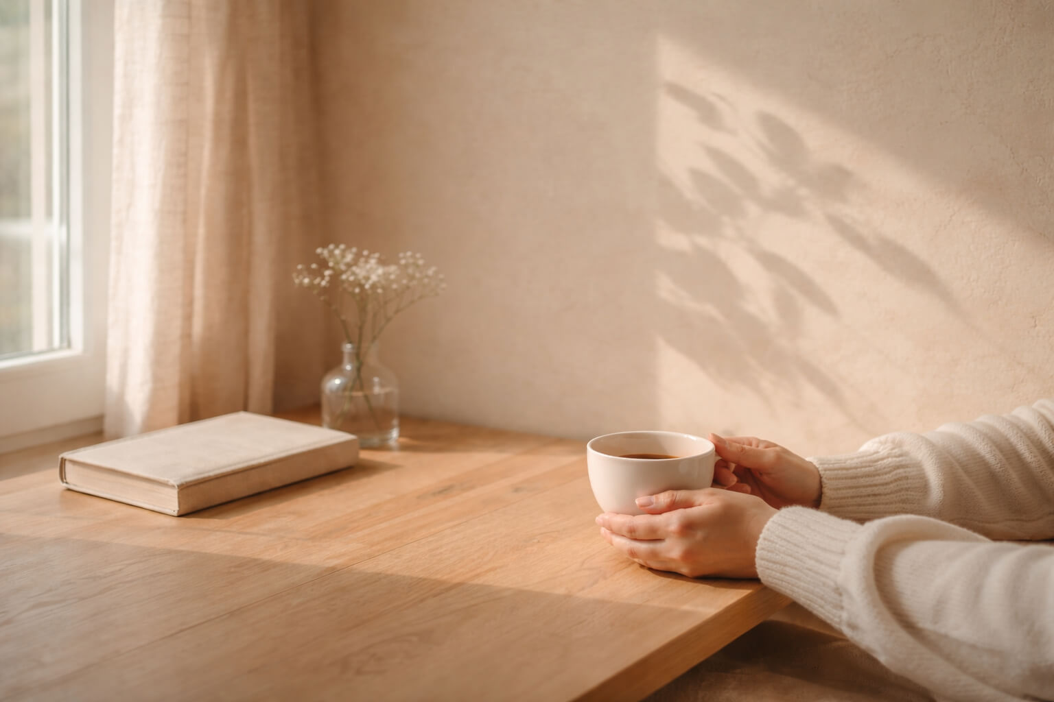 Manos sosteniendo una taza blanca sobre una mesa de madera con luz natural suave, junto a un libro cerrado en un ambiente tranquilo y minimalista