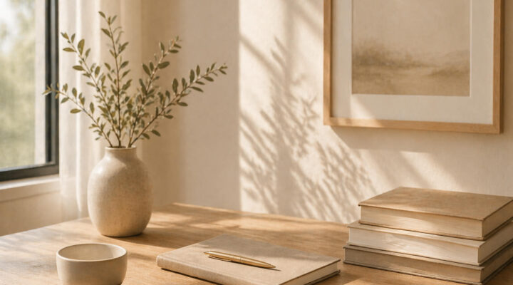 Mesa de madera con cuaderno cerrado, libros y una taza junto a una ventana con luz natural suave y sombras de hojas