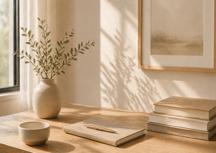 Mesa de madera con cuaderno cerrado, libros y una taza junto a una ventana con luz natural suave y sombras de hojas