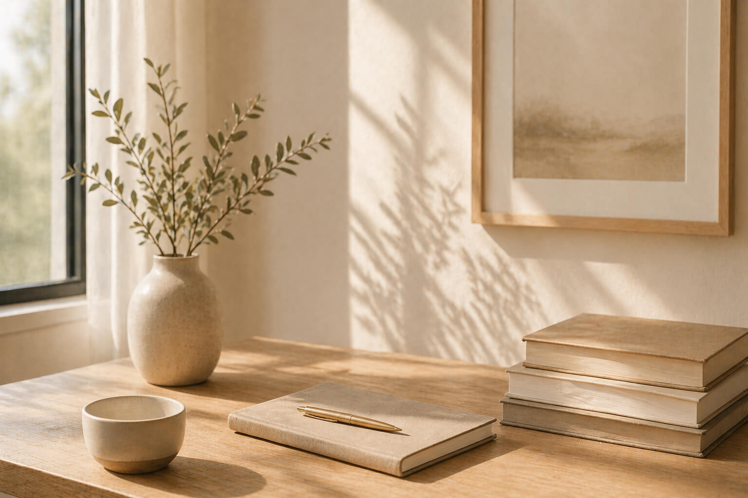 Mesa de madera con cuaderno cerrado, libros y una taza junto a una ventana con luz natural suave y sombras de hojas