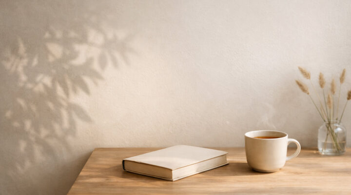 Libro cerrado y taza de té sobre una mesa de madera con luz natural lateral y sombra de planta en pared beige minimalista