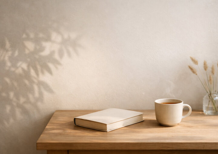 Libro cerrado y taza de té sobre una mesa de madera con luz natural lateral y sombra de planta en pared beige minimalista